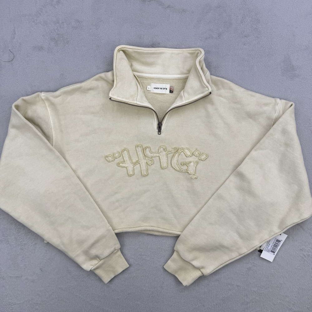 Honor The Gift Jacket Womens Large Beige Oversized Quarter Zip Cropped